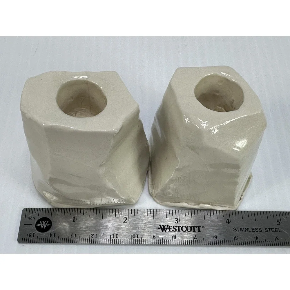 Vintage Handmade Ceramic MCM Pair Pottery‎ Candlestick Candle Holder Stamped SB
